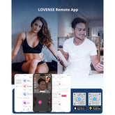 Promotional image for the Lovense Remote App, showcasing its innovative pleasure technology. The split-screen features a woman in New York and a man in Berlin using the app to connect with the Lovense Max 2 Penis Masturbator with Bluetooth App - Neutral Sleeve. Below, you'll find screenshots of the app interface on mobile devices and QR codes for downloads from the App Store and Google Play.